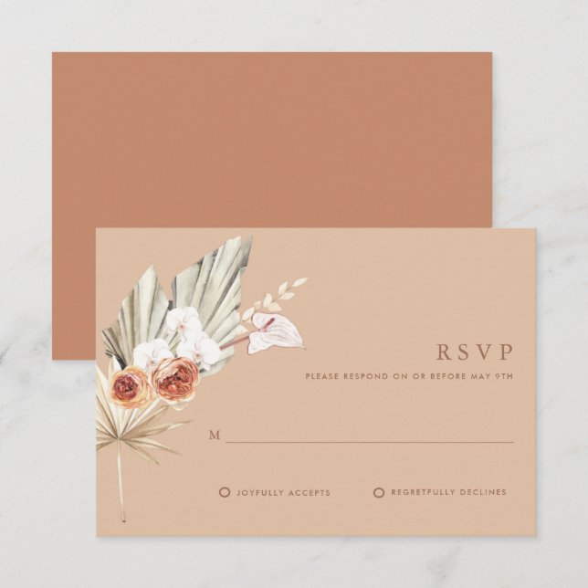 Cartão RSVP de Casamento Boho Floral Terracotta Mo (Frente/Verso)