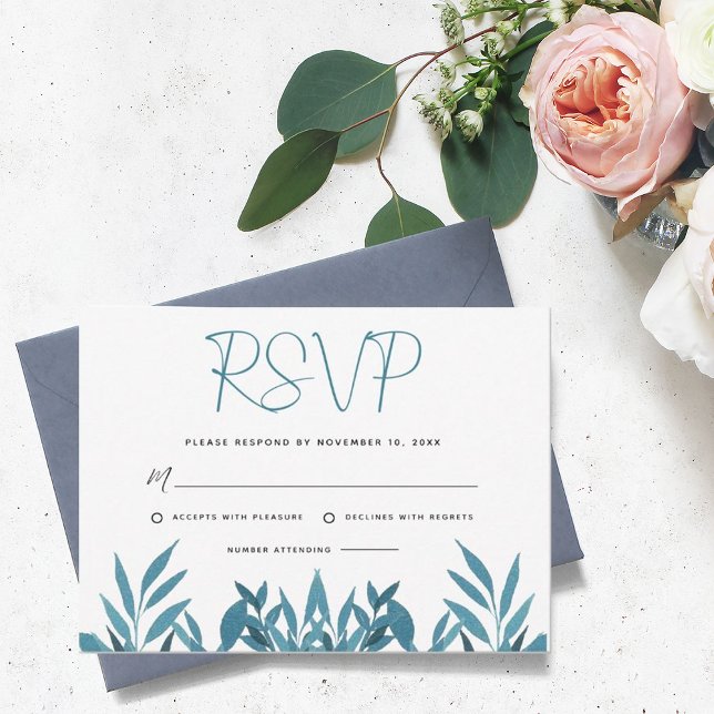 Cartão RSVP de Casamento Botânico Azul (Criador carregado)