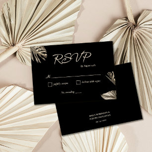 Cartão RSVP de Casamento Botânico Preto e Dourado