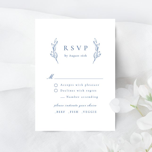 Cartão RSVP de casamento botânico simples azul ele (Blue simple elegance botanical wedding RSVP card)
