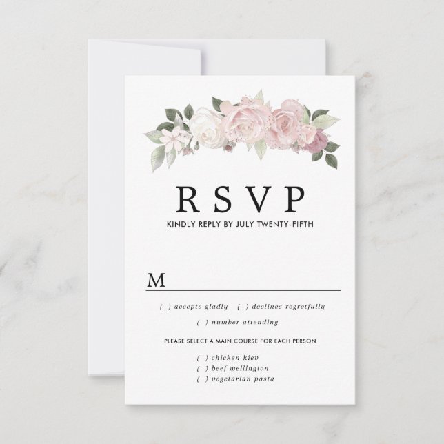 Cartão RSVP de Casamento Branco Cor-de-rosa, Opçõe (Frente)