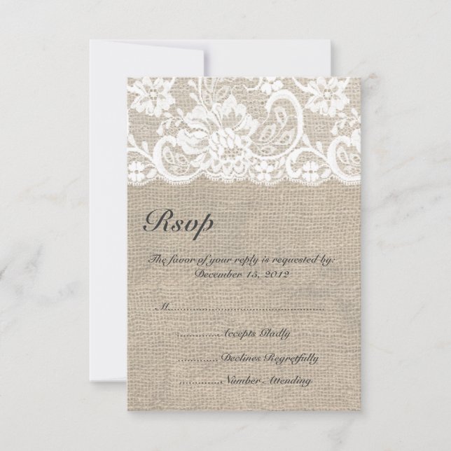 Cartão RSVP de Casamento Branco e Burlap (Frente)
