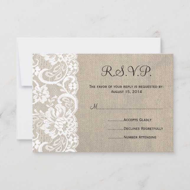 Cartão RSVP de Casamento Branco e Burlap 2 (Frente)