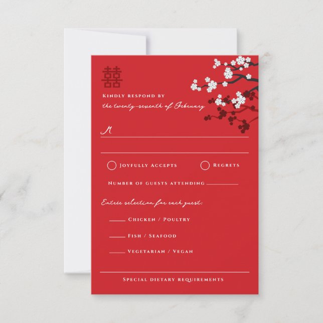 Cartão RSVP de Casamento Chinês de Felicidade Dupl (Frente)