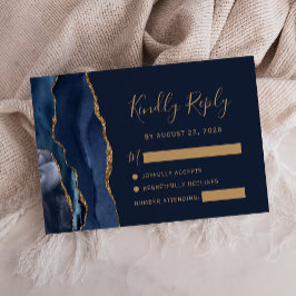 Cartão RSVP de Casamento de Agato Dourado Azul do
