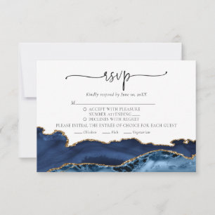 Cartão RSVP de Casamento de Agato Dourado Azul Ele