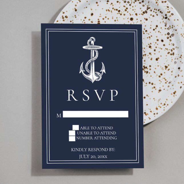 Cartão RSVP de Casamento de Âncora Náutica marinho (Navy Blue Nautical Anchor Wedding RSVP Card)