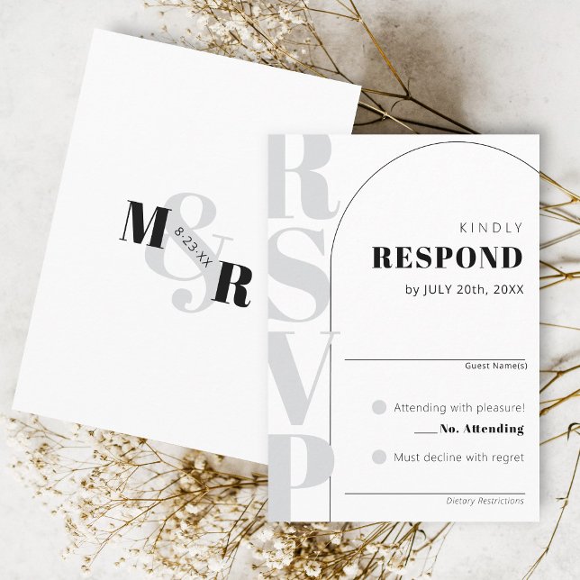 Cartão RSVP de Casamento de Arch Branco Moderno Am (Classy arch matching modern wedding invitation RSVP card, ampersand monogram black and white)