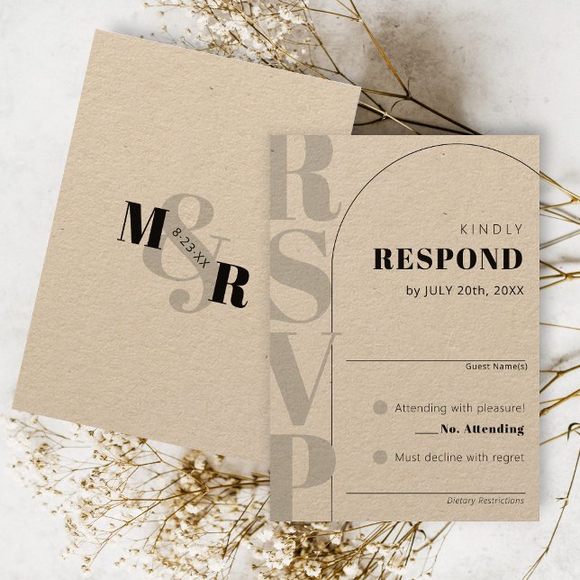Cartão RSVP de Casamento de Arch Moderno do Kraft  (Rustic ampersand simple black rustic kraft arch bold monogram RSVP wedding invitation response card)