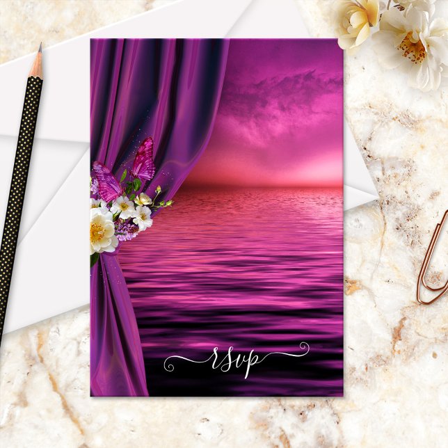 Cartão RSVP de Casamento de Borboleta de Sonho Rox (Wedding RSVP card featuring a fine art painting of a purple ocean with roses and butterflies)