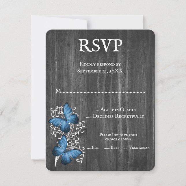Cartão RSVP de Casamento de Borboleta Russa Azul (Frente)