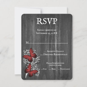 Cartão RSVP de Casamento de Borboleta Rústica Verm