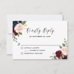 Cartão RSVP de Casamento de Bourgundy e Blue Flora