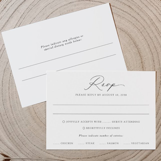 Cartão RSVP de Casamento de Caligrafia Delicada (Modern RSVP card with calligraphy and meal choices—includes space for guest allergies on back.)