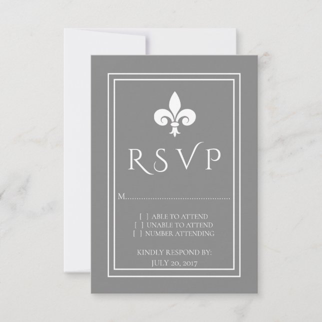 Cartão RSVP de Casamento de cinza Fleur de Lis (Frente)