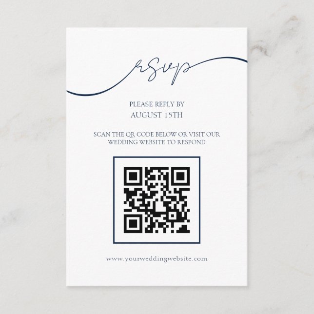 Cartão RSVP de Casamento de Código QR Azul de Mari (Frente)