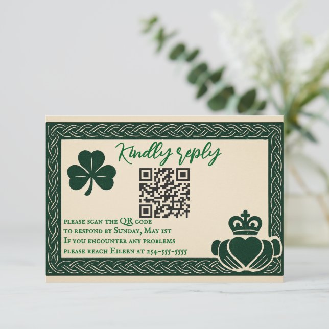 Cartão RSVP de Casamento de Código QR de Serenidad (Em pé/Frente)