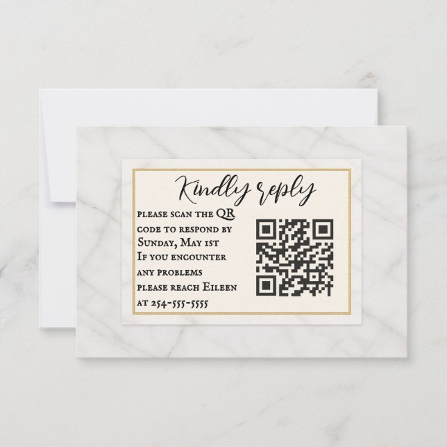 Cartão RSVP de Casamento de Código QR do Marble Wh (Frente)