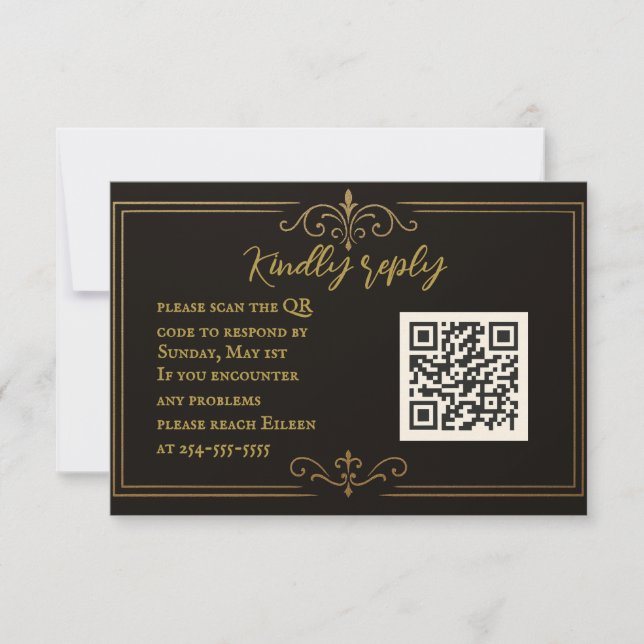 Cartão RSVP de Casamento de Código QR Dourado Pret (Frente)
