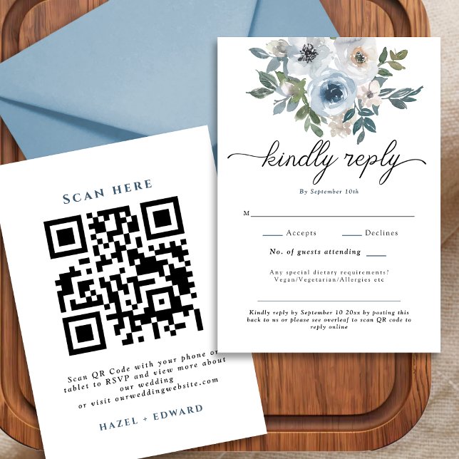 Cartão RSVP de Casamento de Código QR Floral Azul  (Modern Dusty Blue Floral QR Code Wedding RSVP Card)