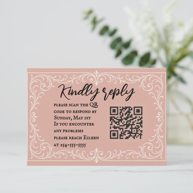 Cartão RSVP de Casamento de Código QR Heirloom Ros (Em pé/Frente)