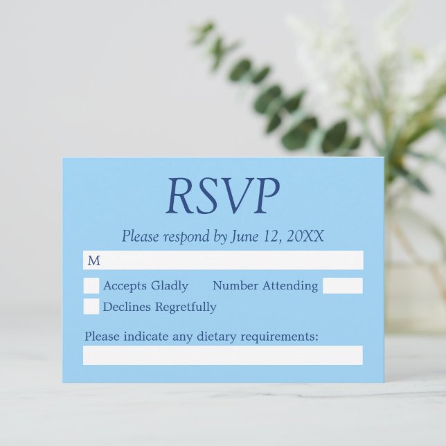 Cartão RSVP de Casamento de Cornflower Blue (Em pé/Frente)