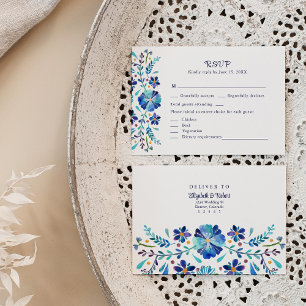 Cartão RSVP de Casamento de Fiesta Floral Azul e B