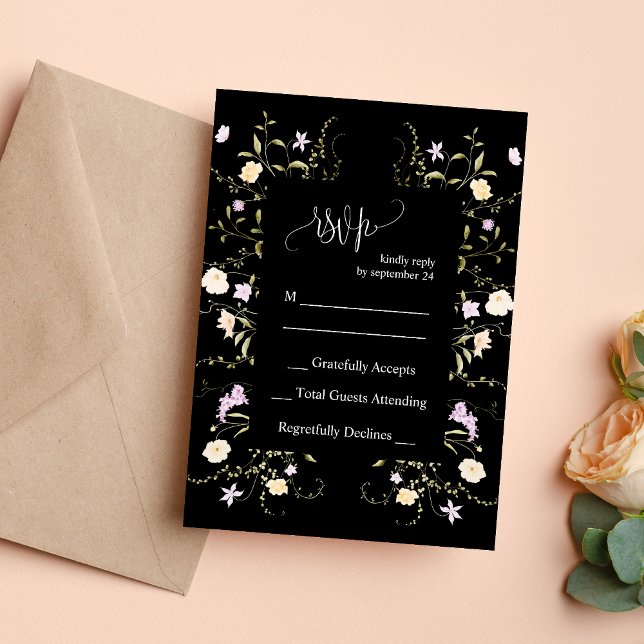 Cartão RSVP de Casamento de Flor Selvagem Preto e  (Criador carregado)