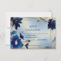 Cartão RSVP de casamento de flores azuis deco