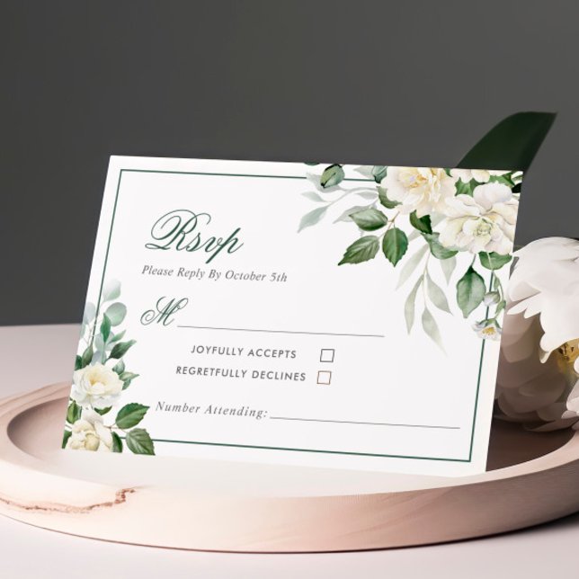 Cartão RSVP de Casamento de Flores Brancas Eucalyp (Criador carregado)