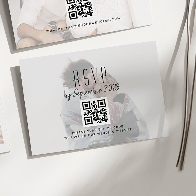 Cartão RSVP de Casamento de Foto com Código QR (Criador carregado)