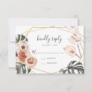 Cartão RSVP de Casamento de Frame Dourado Floral T