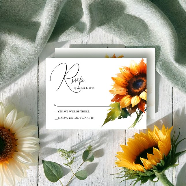 Cartão RSVP de Casamento de Girassol Amarelo (Rsvp cards watercolor sunflower wedding theme for rustic late summer and fall weddings)
