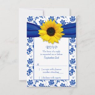 Cartão RSVP de Casamento de Girassol Blue Damask