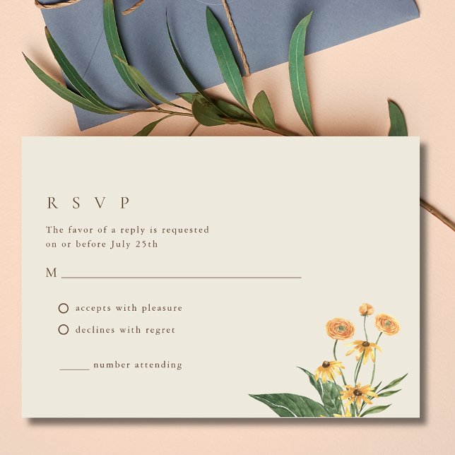Cartão RSVP de Casamento de Girassol Simples (Simple Sunflower Boho Wedding RSVP Card)