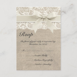 Cartão RSVP de Casamento de Ivory Lace e Burlap