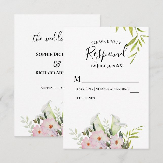 Cartão RSVP de Casamento de Lírios Calla Branco de (Frente/Verso)