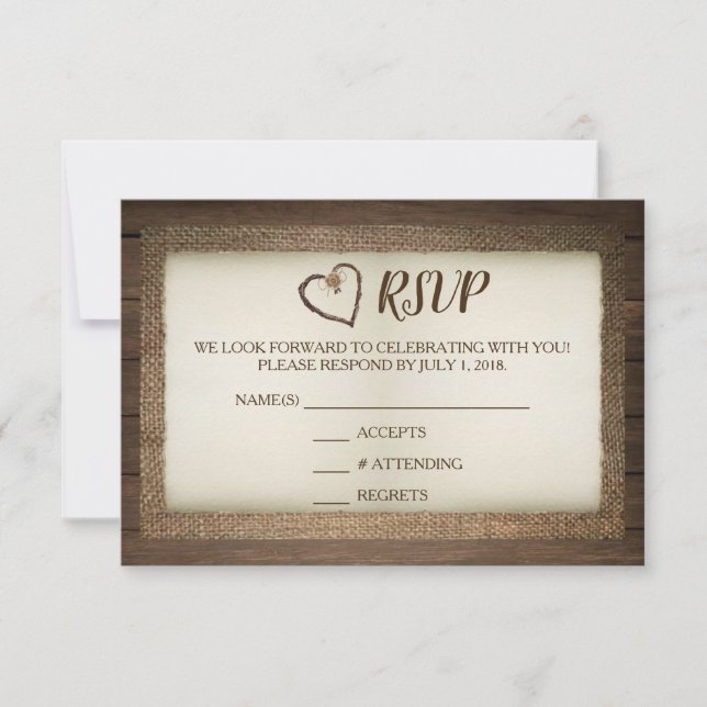 Cartão RSVP de Casamento de Madeira, Burlap e Twin (Frente)