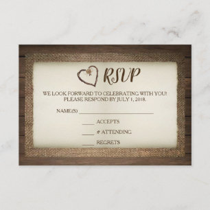 Cartão RSVP de Casamento de Madeira, Burlap e Twin