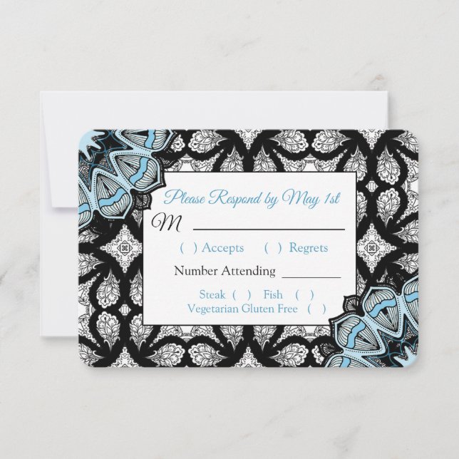 Cartão RSVP de Casamento de Mandala Preto e Azul (Frente)