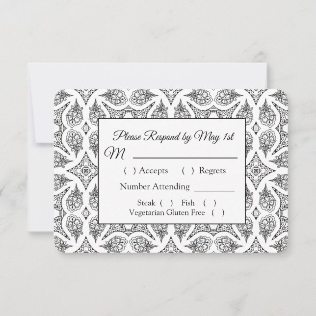 Cartão RSVP de Casamento de Mandala Preto e Branco (Frente)