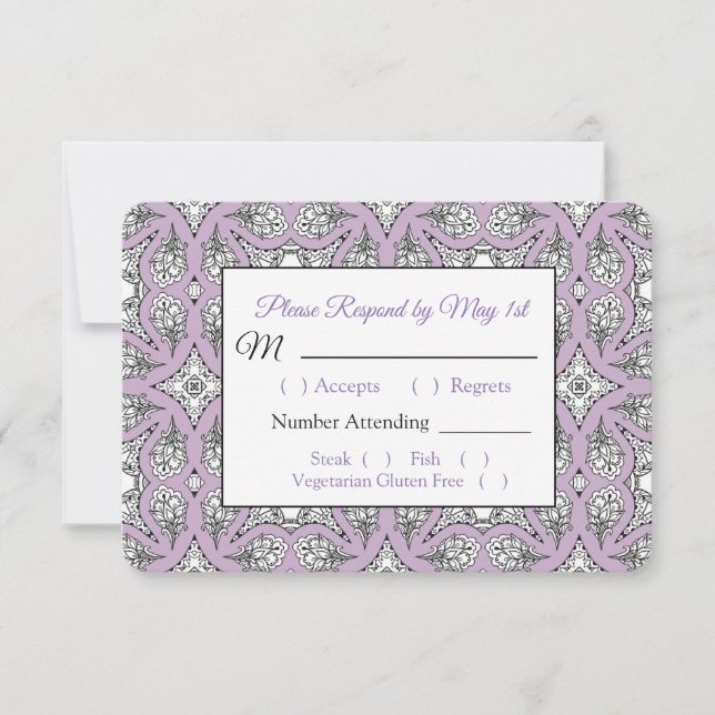 Cartão RSVP de Casamento de Mandala Preto e Roxo (Frente)