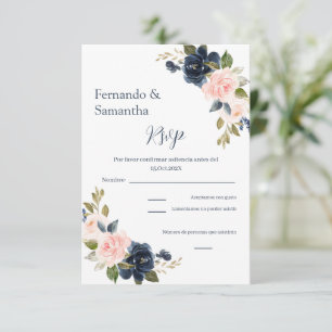 Cartão RSVP de Casamento de marinho Azul Floral Es