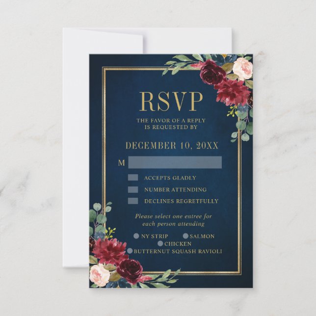 Cartão RSVP de Casamento de Marinho de Frame Doura (Frente)
