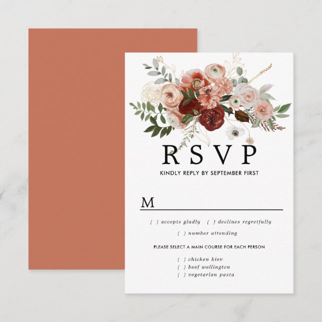 Cartão RSVP de Casamento de Marsala Terrocotta, Op (Frente/Verso)