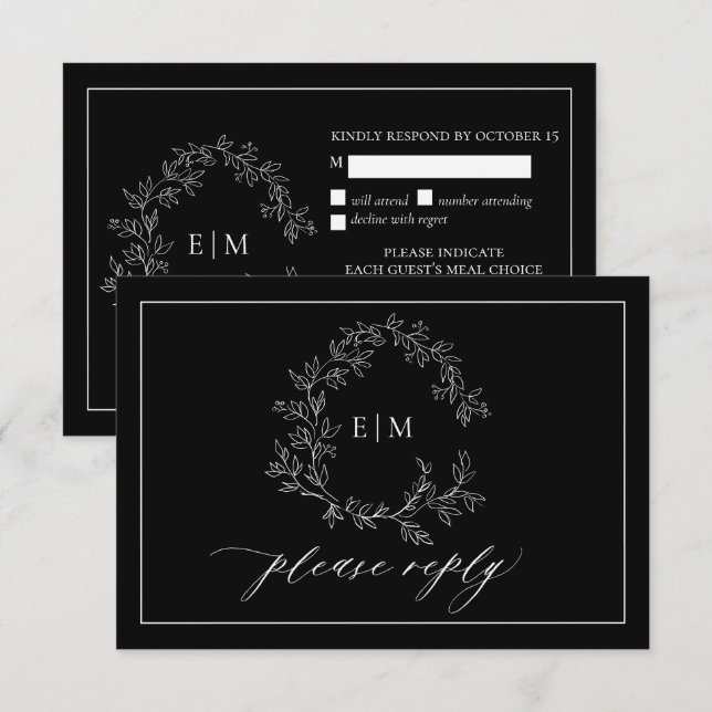 Cartão RSVP de Casamento de Monograma de Folha Bra (Frente/Verso)