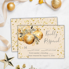 Cartão RSVP de Casamento de Natal Dourado Beige
