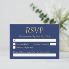 Cartão RSVP de Casamento de Ouro Azul marinho Beig