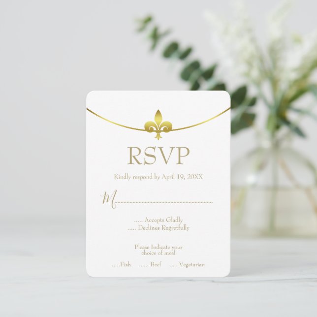 Cartão RSVP de Casamento de ouro Fleur de Lis (Em pé/Frente)