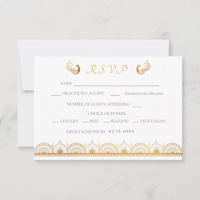Cartão RSVP de Casamento de Padrão Étnico Dourado  (Frente)
